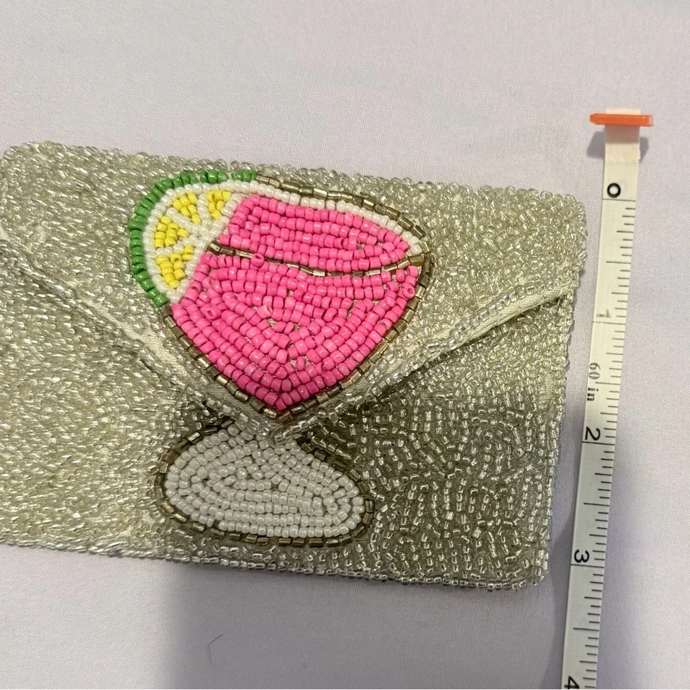 Rachel Zoe Silver Beaded Clutch with Pink Cocktail Motif w/ coin pouch